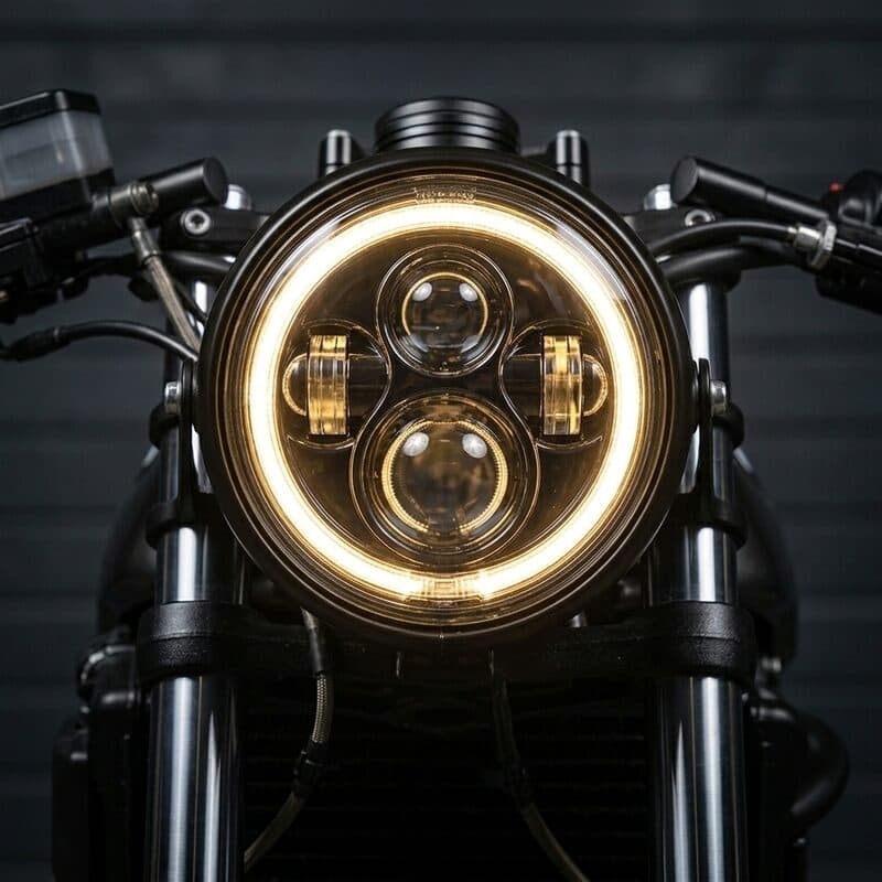 Motorcycle LED headlamp with halo ring — cafe racer headlight by Dapper Motor