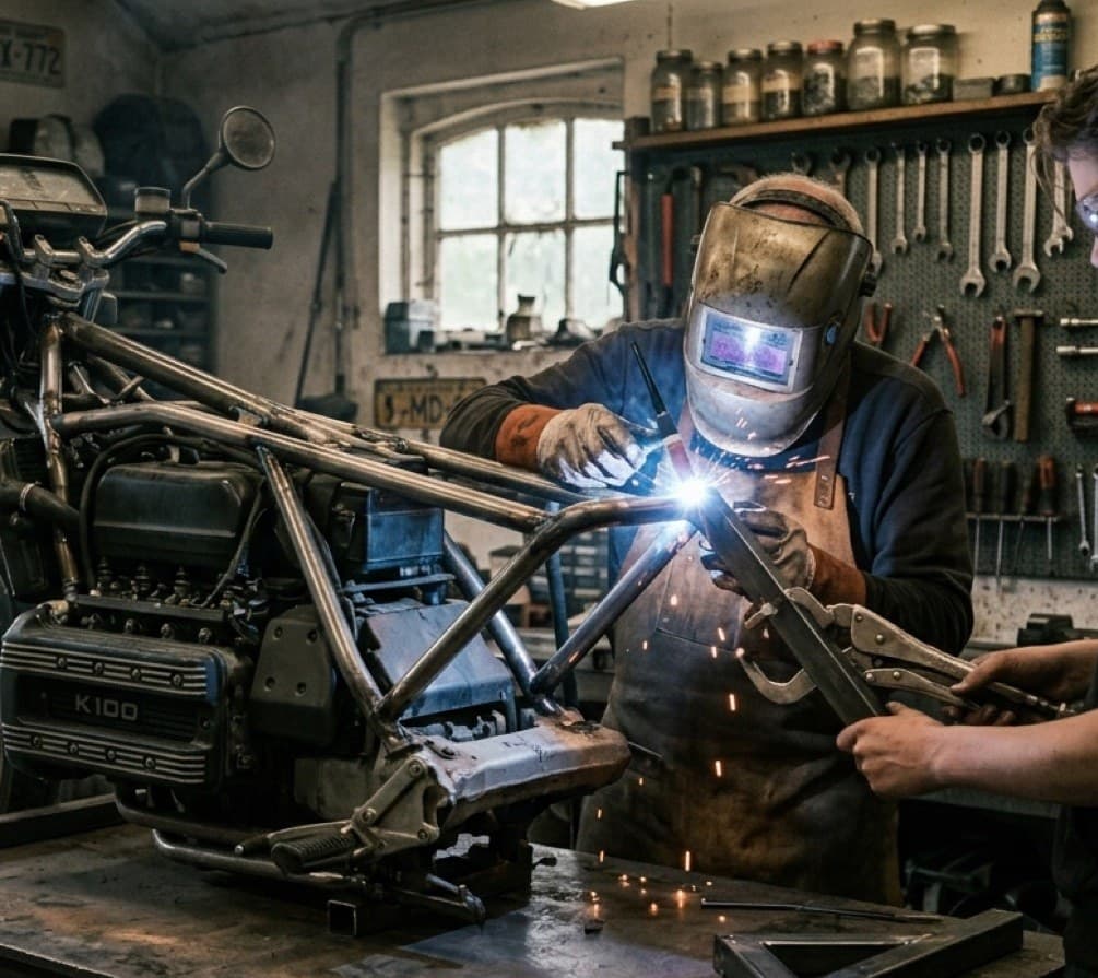 Lassen van het subframe aan een BMW K100 frame in het atelier