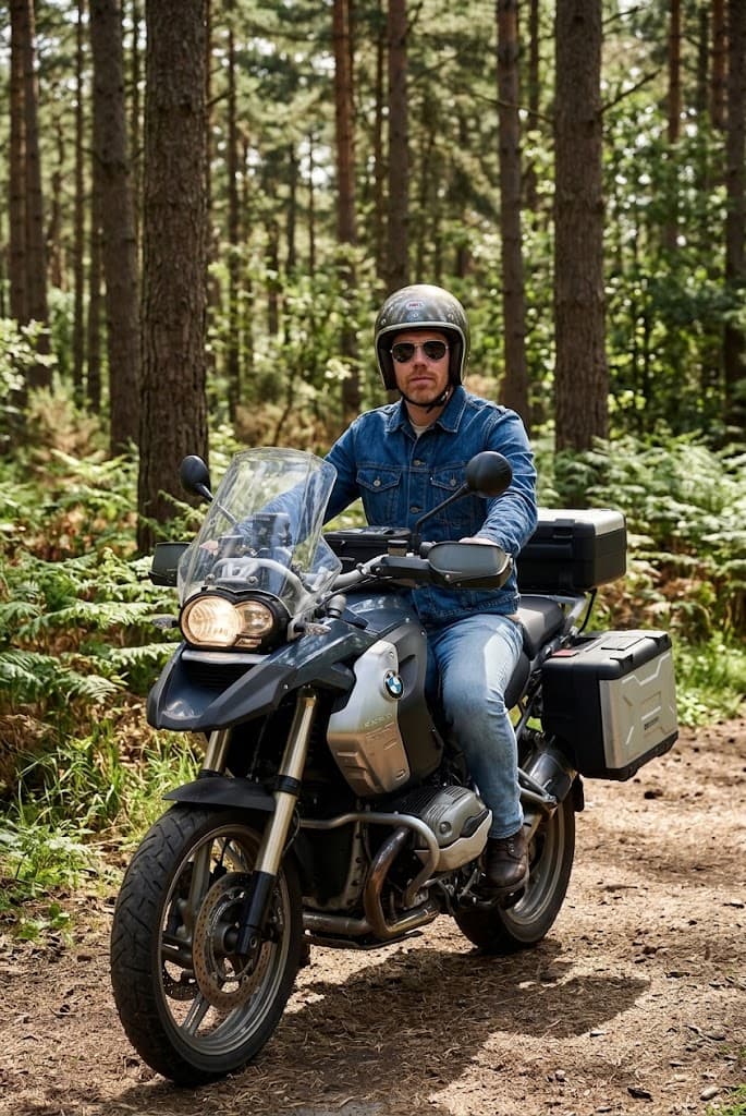 Rik de Gooijer auf seiner BMW GS im Wald