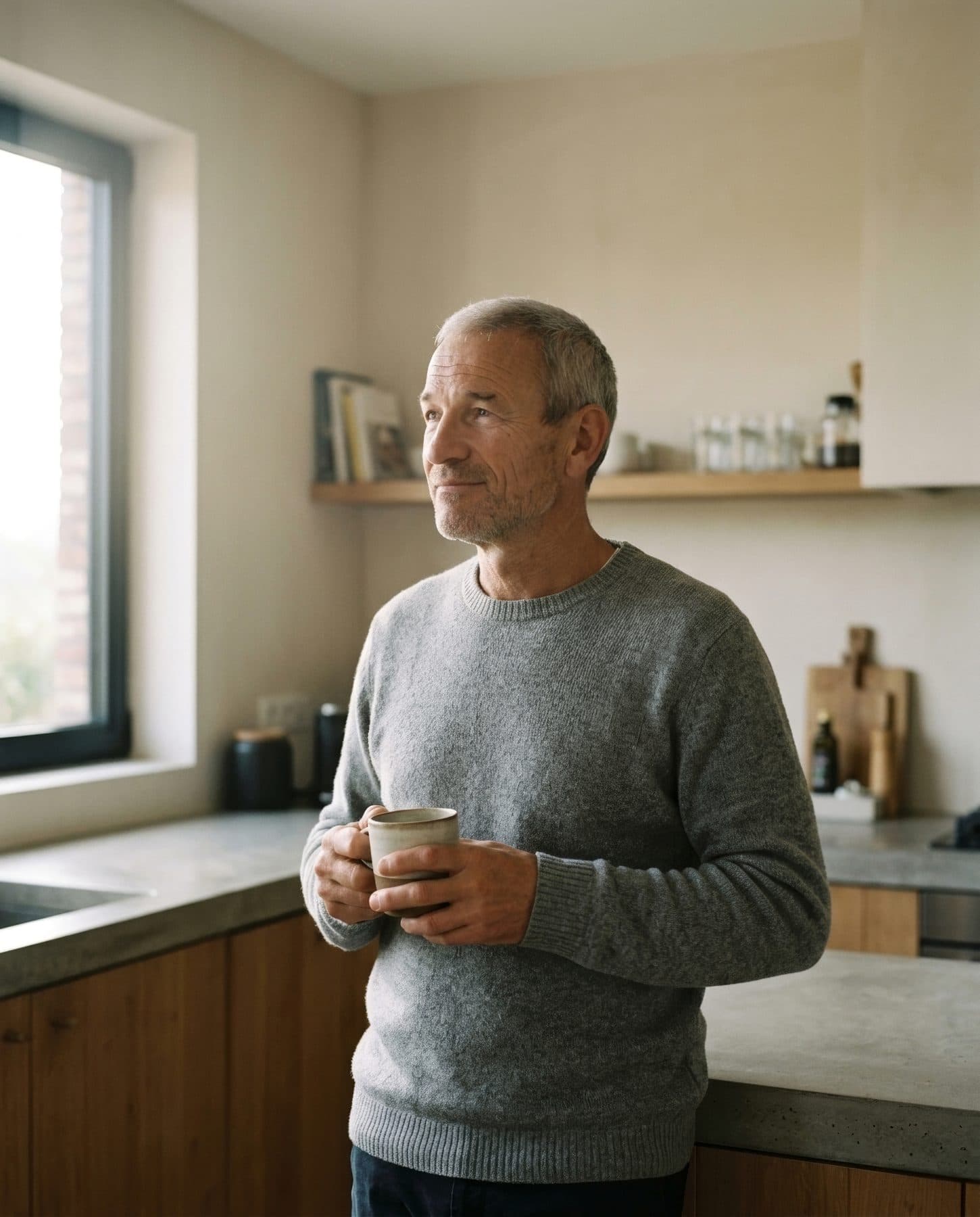 Sfeerbeeld: Peter vroeg in de ochtend in de keuken, met een kop koffie