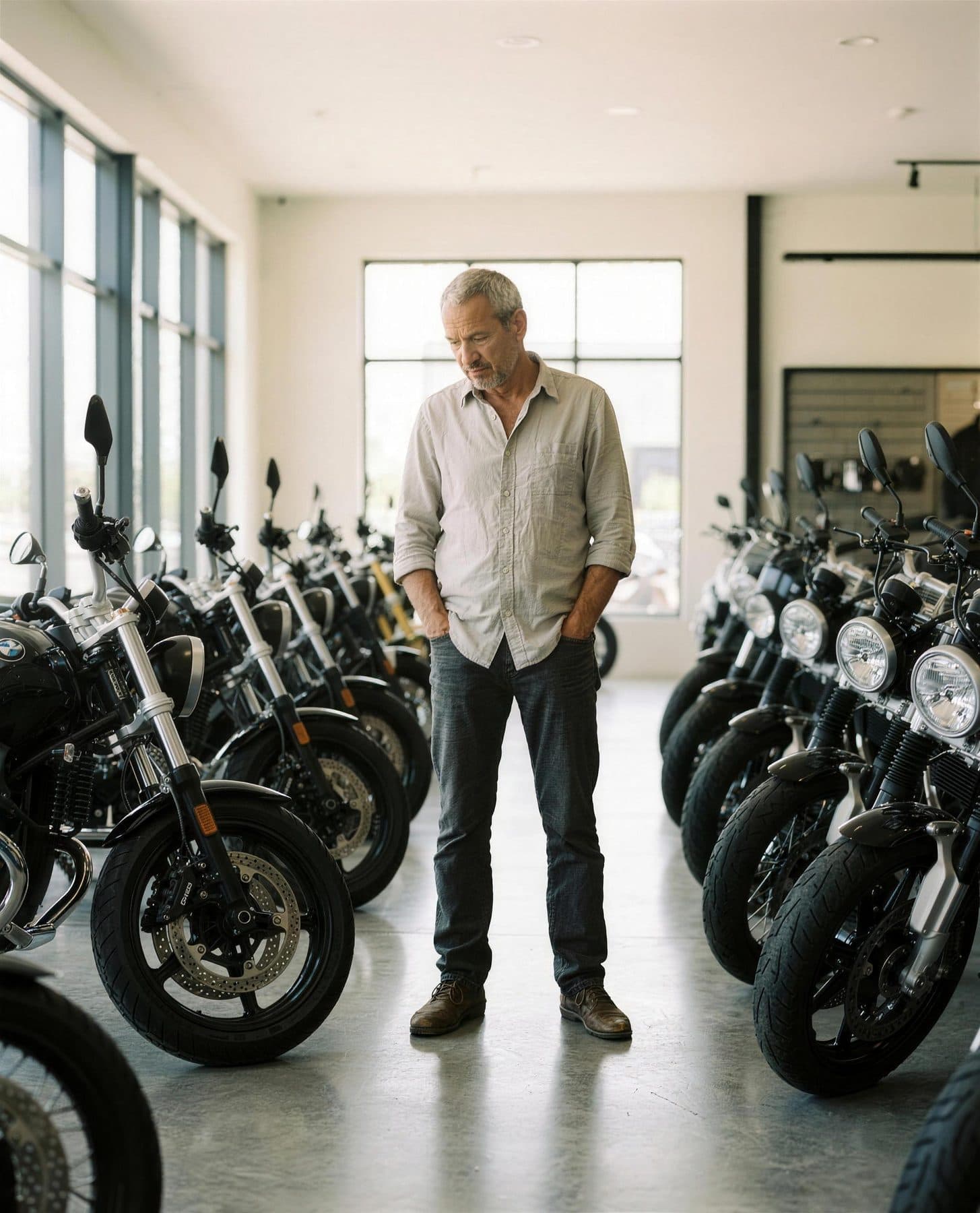 Sfeerbeeld: Peter in een showroom tussen rijen gelijke nieuwe motoren