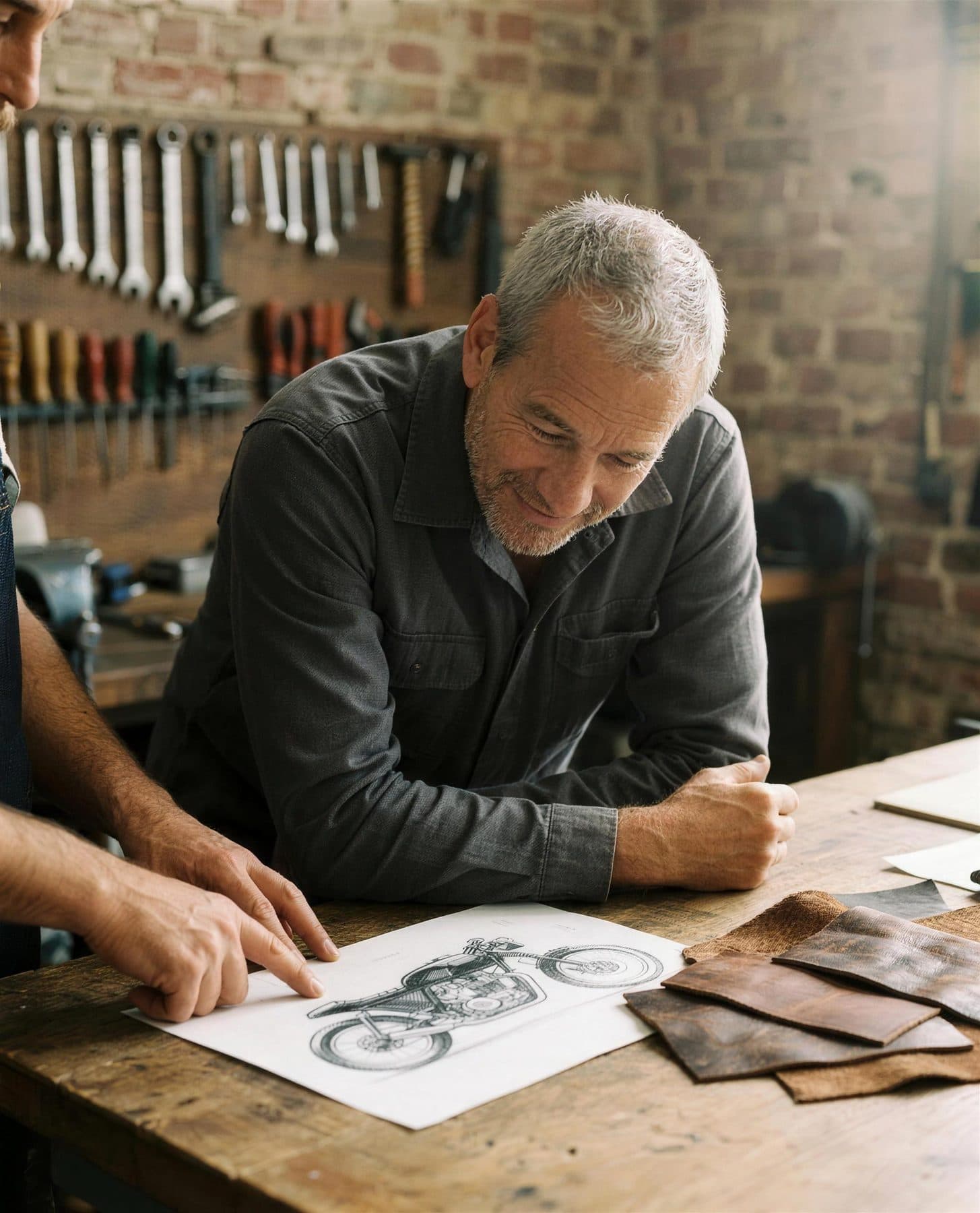 Sfeerbeeld: Peter in een werkplaats, gebogen over een schets van een zwarte cafe racer