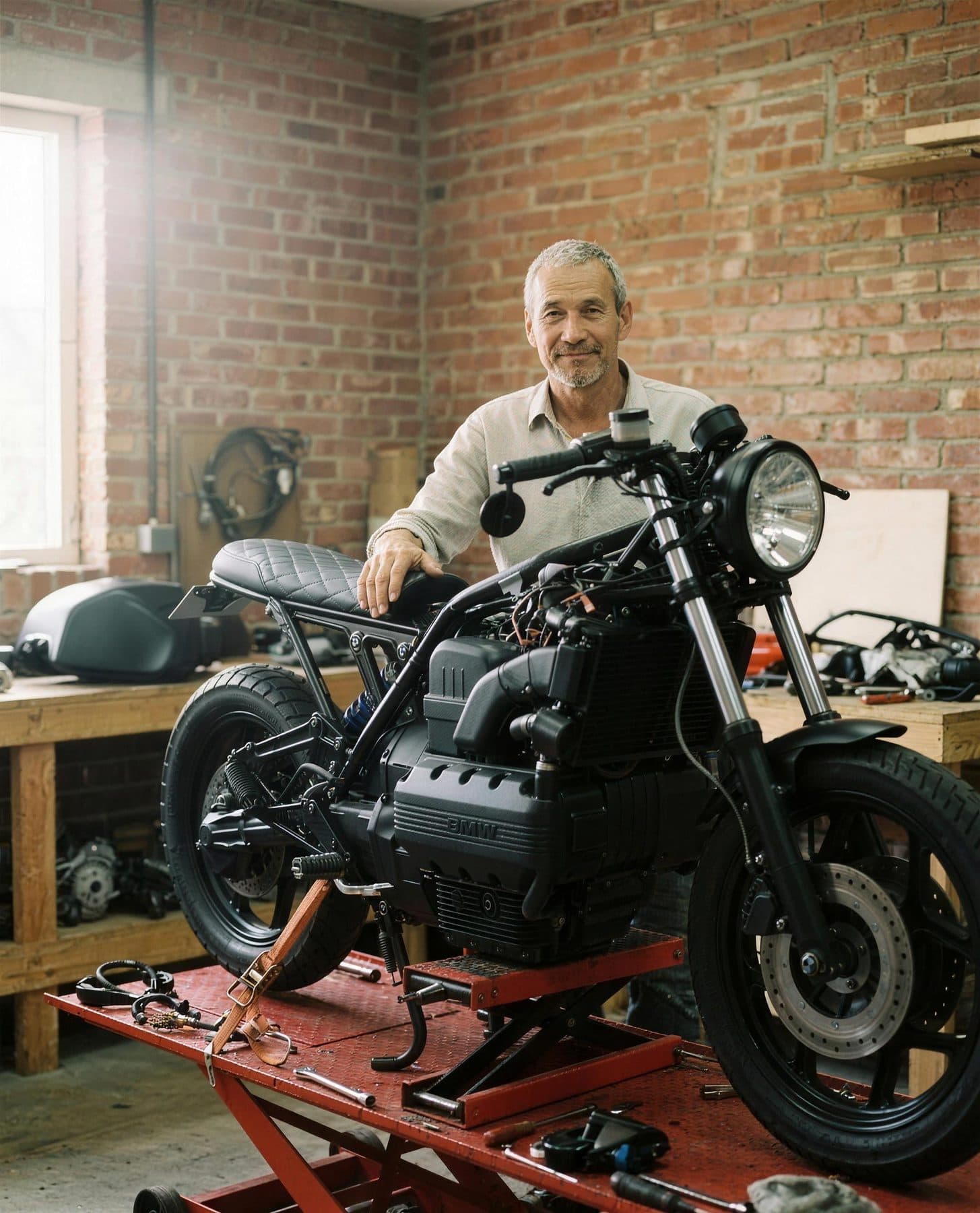 Stimmungsbild: Peter neben seiner halb gebauten schwarzen BMW K100 in der Werkstatt