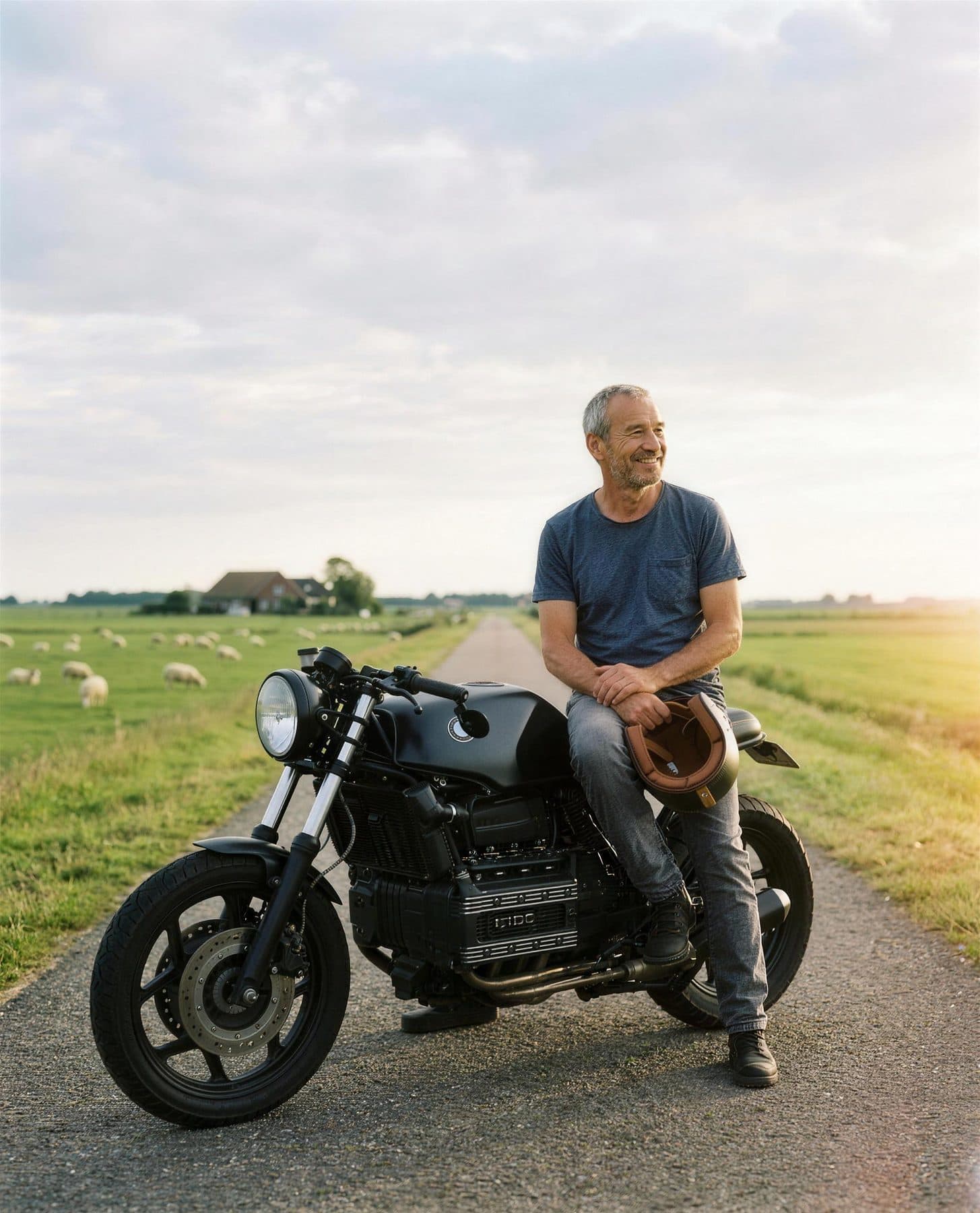Sfeerbeeld: Peter op zijn zwarte BMW K100 op een dijk, in het avondlicht