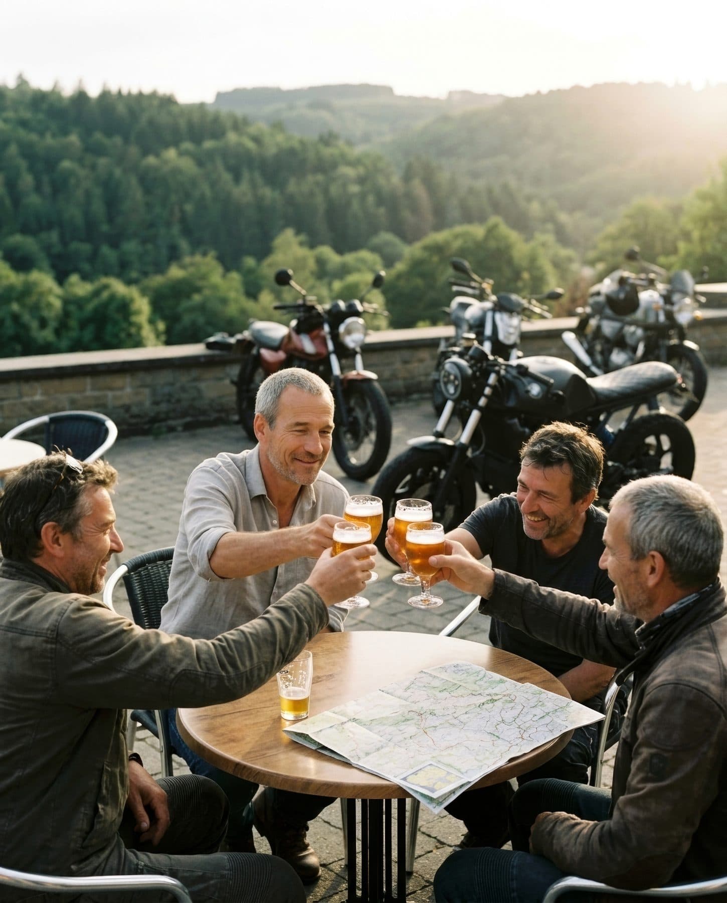 Sfeerbeeld: Peter proost met drie vrienden aan één tafel op een terras in de Ardennen, hun motoren erachter